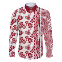 Hawaii Family Matching Off Shoulder Short Dress and Hawaiian Shirt Aloha Tropical Plants Tribal Pattern Red Version LT03 Dad's Shirt - Long Sleeve Red - Polynesian Pride