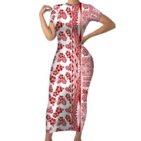 Hawaii Short Sleeve Bodycon Dress Aloha Tropical Plants Tribal Pattern Red Version LT03 Long Dress Red - Polynesian Pride
