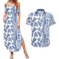 Hawaii Couples Matching Summer Maxi Dress and Hawaiian Shirt Aloha Tropical Plants Tribal Pattern Blue Version LT03 Blue - Polynesian Pride