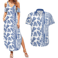 Hawaii Couples Matching Summer Maxi Dress and Hawaiian Shirt Aloha Tropical Plants Tribal Pattern Blue Version LT03 Blue - Polynesian Pride