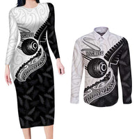 Personalised Aotearoa Lawn Bowls Couples Matching Long Sleeve Bodycon Dress and Long Sleeve Button Shirt Maori and Silver Fern Half Style - Polynesian Pride