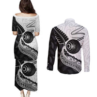 Personalised Aotearoa Lawn Bowls Couples Matching Puletasi and Long Sleeve Button Shirt Maori and Silver Fern Half Style - Polynesian Pride