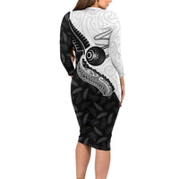 Personalised Aotearoa Lawn Bowls Long Sleeve Bodycon Dress Maori and Silver Fern Half Style - Polynesian Pride