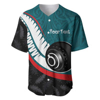 Personalised Aotearoa Lawn Bowls Baseball Jersey Maori and Silver Fern Sporty Style Teal Color - Polynesian Pride