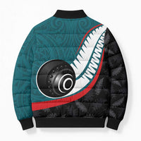 Personalised Aotearoa Lawn Bowls Bomber Puffer Jacket Maori and Silver Fern Sporty Style Teal Color - Polynesian Pride