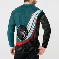 Personalised Aotearoa Lawn Bowls Button Sweatshirt Maori and Silver Fern Sporty Style Teal Color - Polynesian Pride