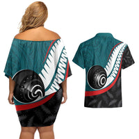 Personalised Aotearoa Lawn Bowls Couples Matching Off Shoulder Short Dress and Hawaiian Shirt Maori and Silver Fern Sporty Style Teal Color - Polynesian Pride