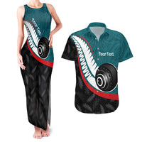 Personalised Aotearoa Lawn Bowls Couples Matching Tank Maxi Dress and Hawaiian Shirt Maori and Silver Fern Sporty Style Teal Color - Polynesian Pride