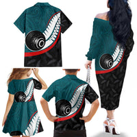 Personalised Aotearoa Lawn Bowls Family Matching Off The Shoulder Long Sleeve Dress and Hawaiian Shirt Maori and Silver Fern Sporty Style Teal Color - Polynesian Pride