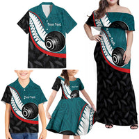 Personalised Aotearoa Lawn Bowls Family Matching Off Shoulder Maxi Dress and Hawaiian Shirt Maori and Silver Fern Sporty Style Teal Color - Polynesian Pride