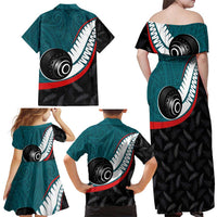 Personalised Aotearoa Lawn Bowls Family Matching Off Shoulder Maxi Dress and Hawaiian Shirt Maori and Silver Fern Sporty Style Teal Color - Polynesian Pride