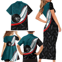 Personalised Aotearoa Lawn Bowls Family Matching Short Sleeve Bodycon Dress and Hawaiian Shirt Maori and Silver Fern Sporty Style Teal Color - Polynesian Pride