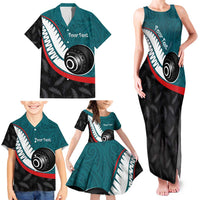 Personalised Aotearoa Lawn Bowls Family Matching Tank Maxi Dress and Hawaiian Shirt Maori and Silver Fern Sporty Style Teal Color - Polynesian Pride