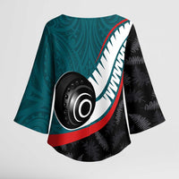 Personalised Aotearoa Lawn Bowls Kimono Sleeve Blouse Maori and Silver Fern Sporty Style Teal Color - Polynesian Pride