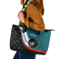 Personalised Aotearoa Lawn Bowls Leather Tote Bag Maori and Silver Fern Sporty Style Teal Color - Polynesian Pride