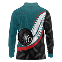 Personalised Aotearoa Lawn Bowls Long Sleeve Polo Shirt Maori and Silver Fern Sporty Style Teal Color - Polynesian Pride