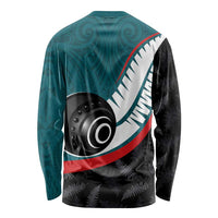 Personalised Aotearoa Lawn Bowls Long Sleeve Shirt Maori and Silver Fern Sporty Style Teal Color - Polynesian Pride