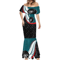 Personalised Aotearoa Lawn Bowls Mermaid Dress Maori and Silver Fern Sporty Style Teal Color - Polynesian Pride