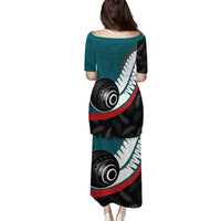 Personalised Aotearoa Lawn Bowls Puletasi Maori and Silver Fern Sporty Style Teal Color - Polynesian Pride