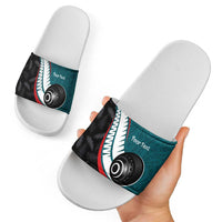Personalised Aotearoa Lawn Bowls Slide Sandals Maori and Silver Fern Sporty Style Teal Color - Polynesian Pride