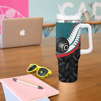 Personalised Aotearoa Lawn Bowls Tumbler With Handle Maori and Silver Fern Sporty Style Teal Color - Polynesian Pride