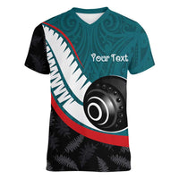Personalised Aotearoa Lawn Bowls Women V-Neck T-Shirt Maori and Silver Fern Sporty Style Teal Color - Polynesian Pride