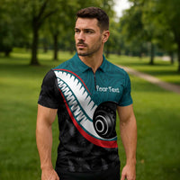 Personalised Aotearoa Lawn Bowls Zipper Polo Shirt Maori and Silver Fern Sporty Style Teal Color - Polynesian Pride