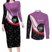 Personalised Aotearoa Lawn Bowls Couples Matching Long Sleeve Bodycon Dress and Long Sleeve Button Shirt Maori and Silver Fern Sporty Style Pink Color - Polynesian Pride