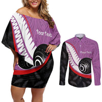 Personalised Aotearoa Lawn Bowls Couples Matching Off Shoulder Short Dress and Long Sleeve Button Shirt Maori and Silver Fern Sporty Style Pink Color - Polynesian Pride