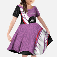 Personalised Aotearoa Lawn Bowls Family Matching Off Shoulder Maxi Dress and Hawaiian Shirt Maori and Silver Fern Sporty Style Pink Color - Polynesian Pride