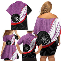 Personalised Aotearoa Lawn Bowls Family Matching Off Shoulder Short Dress and Hawaiian Shirt Maori and Silver Fern Sporty Style Pink Color - Polynesian Pride