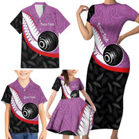 Personalised Aotearoa Lawn Bowls Family Matching Short Sleeve Bodycon Dress and Hawaiian Shirt Maori and Silver Fern Sporty Style Pink Color - Polynesian Pride