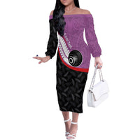 Personalised Aotearoa Lawn Bowls Off The Shoulder Long Sleeve Dress Maori and Silver Fern Sporty Style Pink Color - Polynesian Pride