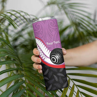 Personalised Aotearoa Lawn Bowls Skinny Tumbler Maori and Silver Fern Sporty Style Pink Color - Polynesian Pride