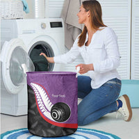 Personalised Aotearoa Lawn Bowls Laundry Basket Maori and Silver Fern Sporty Style Purple Color - Polynesian Pride