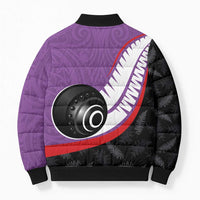 Personalised Aotearoa Lawn Bowls Bomber Puffer Jacket Maori and Silver Fern Sporty Style Purple Color - Polynesian Pride