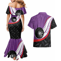 Personalised Aotearoa Lawn Bowls Couples Matching Mermaid Dress and Hawaiian Shirt Maori and Silver Fern Sporty Style Purple Color - Polynesian Pride