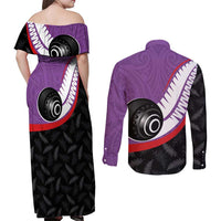 Personalised Aotearoa Lawn Bowls Couples Matching Off Shoulder Maxi Dress and Long Sleeve Button Shirt Maori and Silver Fern Sporty Style Purple Color - Polynesian Pride