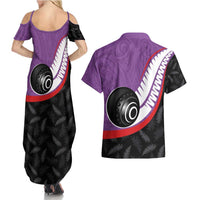Personalised Aotearoa Lawn Bowls Couples Matching Summer Maxi Dress and Hawaiian Shirt Maori and Silver Fern Sporty Style Purple Color - Polynesian Pride