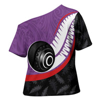 Personalised Aotearoa Lawn Bowls Cross Shoulder Shirt Maori and Silver Fern Sporty Style Purple Color - Polynesian Pride