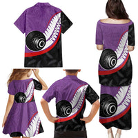 Personalised Aotearoa Lawn Bowls Family Matching Puletasi and Hawaiian Shirt Maori and Silver Fern Sporty Style Purple Color - Polynesian Pride