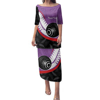 Personalised Aotearoa Lawn Bowls Family Matching Puletasi and Hawaiian Shirt Maori and Silver Fern Sporty Style Purple Color - Polynesian Pride
