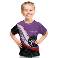 Personalised Aotearoa Lawn Bowls Kid T Shirt Maori and Silver Fern Sporty Style Purple Color - Polynesian Pride