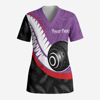 Personalised Aotearoa Lawn Bowls Scrub Top Maori and Silver Fern Sporty Style Purple Color - Polynesian Pride