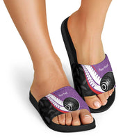 Personalised Aotearoa Lawn Bowls Slide Sandals Maori and Silver Fern Sporty Style Purple Color - Polynesian Pride