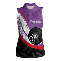 Personalised Aotearoa Lawn Bowls Women Sleeveless Polo Shirt Maori and Silver Fern Sporty Style Purple Color - Polynesian Pride