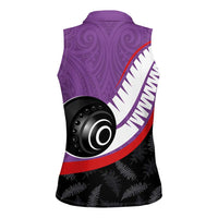 Personalised Aotearoa Lawn Bowls Women Sleeveless Polo Shirt Maori and Silver Fern Sporty Style Purple Color - Polynesian Pride