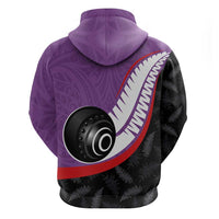 Personalised Aotearoa Lawn Bowls Zip Hoodie Maori and Silver Fern Sporty Style Purple Color - Polynesian Pride