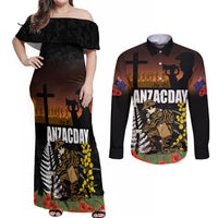 New Zealand and Australia ANZAC Day Couples Matching Off Shoulder Maxi Dress and Long Sleeve Button Shirt Soldier and Last Post Camouflage Pattern LT03 Black - Polynesian Pride