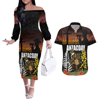 New Zealand and Australia ANZAC Day Couples Matching Off The Shoulder Long Sleeve Dress and Hawaiian Shirt Soldier and Last Post Camouflage Pattern LT03 Black - Polynesian Pride